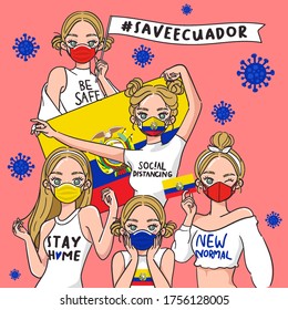 Vector Illustration for Campaign on Covid-19 Prevention : Set of pretty girls wearing medical mask and holding national flag : Flag of Ecuador