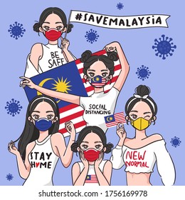 Vector Illustration for Campaign on Covid-19 Prevention : Set of pretty girls wearing medical mask and holding national flag : Flag of Malaysia