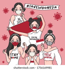 Vector Illustration for Campaign on Covid-19 Prevention : Set of pretty girls wearing medical mask and holding national flag : Flag of Indonesia