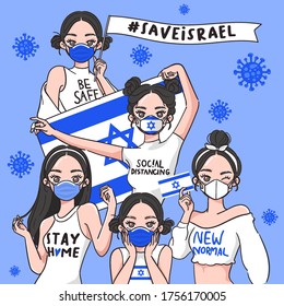 Vector Illustration for Campaign on Covid-19 Prevention : Set of pretty girls wearing medical mask and holding national flag : Flag of Israel