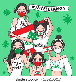 Vector Illustration for Campaign on Covid-19 Prevention : Set of pretty girls wearing medical mask and holding national flag : Flag of Lebanon