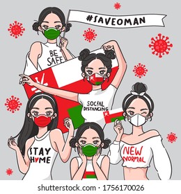 Vector Illustration for Campaign on Covid-19 Prevention : Set of pretty girls wearing medical mask and holding national flag : Flag of Oman