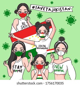 Vector Illustration for Campaign on Covid-19 Prevention : Set of pretty girls wearing medical mask and holding national flag : Flag of Tajikistan