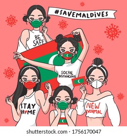 Vector Illustration for Campaign on Covid-19 Prevention : Set of pretty girls wearing medical mask and holding national flag : Flag of Maldives