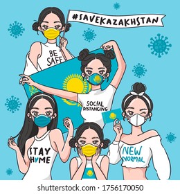Vector Illustration for Campaign on Covid-19 Prevention : Set of pretty girls wearing medical mask and holding national flag : Flag of Kazakhstan