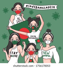 Vector Illustration for Campaign on Covid-19 Prevention : Set of pretty girls wearing medical mask and holding national flag : Flag of Bangladesh