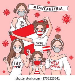 Vector Illustration for Campaign on Covid-19 Prevention : Set of pretty girls wearing medical mask and holding national flag : Flag of Austria