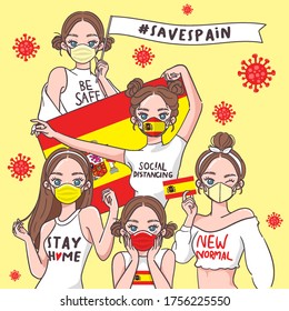 Vector Illustration for Campaign on Covid-19 Prevention : Set of pretty girls wearing medical mask and holding national flag : Flag of Spain