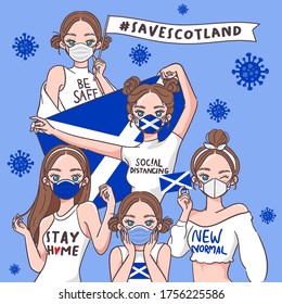 Vector Illustration for Campaign on Covid-19 Prevention : Set of pretty girls wearing medical mask and holding national flag : Flag of Scotland