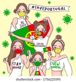 Vector Illustration for Campaign on Covid-19 Prevention : Set of pretty girls wearing medical mask and holding national flag : Flag of Portugal