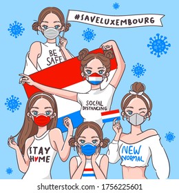 Vector Illustration for Campaign on Covid-19 Prevention : Set of pretty girls wearing medical mask and holding national flag : Flag of Luxembourg