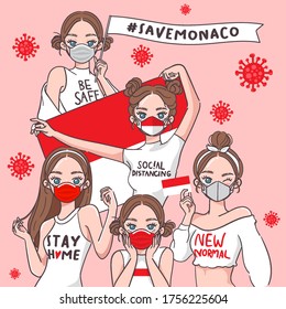 Vector Illustration for Campaign on Covid-19 Prevention : Set of pretty girls wearing medical mask and holding national flag : Flag of Monaco