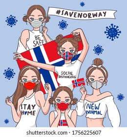 Vector Illustration for Campaign on Covid-19 Prevention : Set of pretty girls wearing medical mask and holding national flag : Flag of Norway