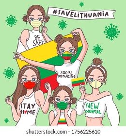 Vector Illustration for Campaign on Covid-19 Prevention : Set of pretty girls wearing medical mask and holding national flag : Flag of Lithuania