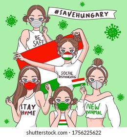 Vector Illustration for Campaign on Covid-19 Prevention : Set of pretty girls wearing medical mask and holding national flag : Flag of Hungary