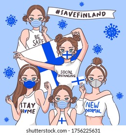Vector Illustration for Campaign on Covid-19 Prevention : Set of pretty girls wearing medical mask and holding national flag : Flag of Finland