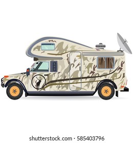 Vector illustration of camper car isolated on white background. Motor home for camping, hunting, flat style design.