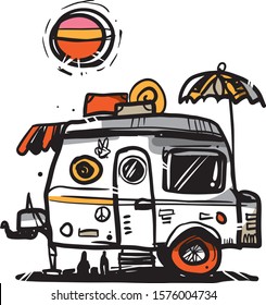 A vector illustration of a camper with a sunshade