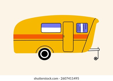 Vector illustration of a camper trailer in a minimalist flat design, perfect for travel, camping, adventure, and vintage aesthetics. Ideal for posters, cards, and prints.