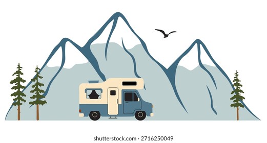 Ilustración vectorial de una furgoneta camper en las montañas. Paisaje de montaña con una autocaravana, pinos y un pájaro volador. Estilo minimalista plano, aislado sobre un fondo blanco.