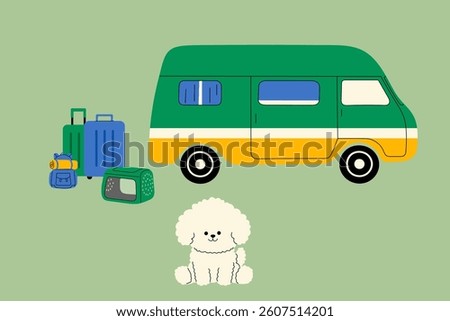 Vector illustration of a camper van, travel luggage, and a fluffy dog. Minimalist flat design, ideal for road trips, pet travel, camping, and adventure themes. 