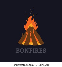 Vector illustration of campfire with firewood night time.