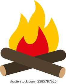 Ilustración vectorial de una fogata con troncos. Llama, calor de fuego. Campamento en el bosque.
