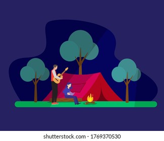 Vector illustration of camping activity design. two people are enjoying the atmosphere outside the room