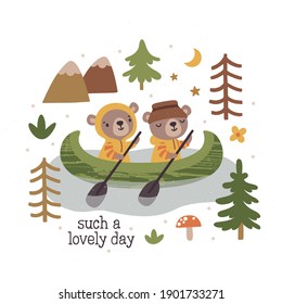 Vector illustration with camping bears in a canoe on the lake. Kids print with cute animals. Outdoor activity. Adventure print. Childish cartoon characters.
