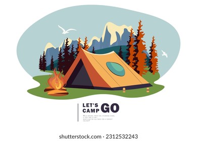 Ilustración vectorial. Camping, camper, tienda, hoguera, recreación, deportes, acampada en el bosque, turismo, montañas. Diseño para sitio web, postal, banner, publicidad.