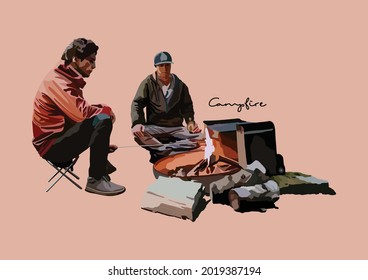 Ilustración vectorial de camping, fogata