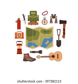 Vector illustration of camping concept. Hiking and tourism camping concept background. Camping concept symbols: backpack, compass, flashlight, guitar, boot. Camping concept background in flat style.