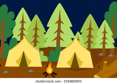 Vector illustration with camping concept. Yellow tent in the woods with good view in the background.