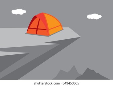 Vector illustration of a camping dome tent at near the edge of a high overhanging rocky cliff.
