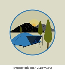 vector illustration of camping during the day, with a tent, mountains and fir trees as a background.