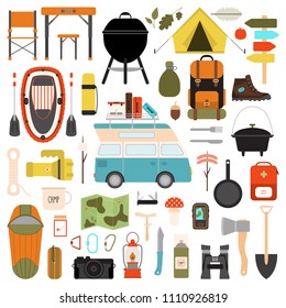 Vector illustration of camping equipment set. Collection of different hiking icons. Isolated on white background. Cartoon and flat style of traveling facilities.