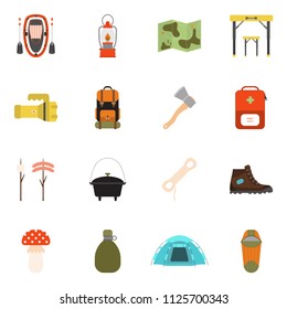 Vector illustration of camping equipment set. Collection of different hiking icons. Isolated on white background. Cartoon and flat style of traveling facilities.