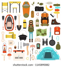 Vector illustration of camping equipment set. Collection of different hiking icons. Isolated on white background. Cartoon and flat style of traveling facilities.