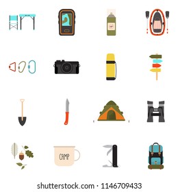 Vector illustration of camping equipment set. Collection of different hiking icons. Isolated on white background. Cartoon and flat style of traveling facilities.