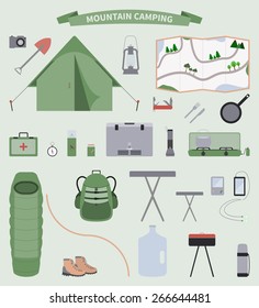 Vector illustration of camping equipment set. Flat style.