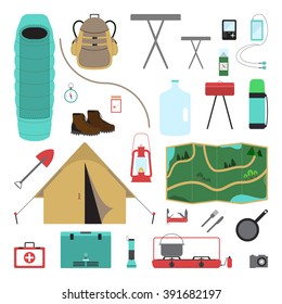 Vector illustration of camping equipment set. Collection of hiking equipment icons. Hiking supplies isolated on white background.