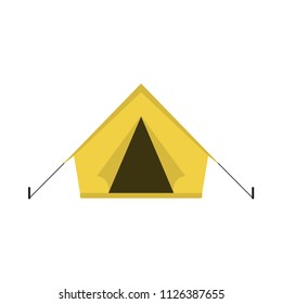 Vector illustration of camping equipment. Yellow travel tent icon card. Isolated on white background. Cartoon and flat style.