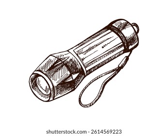 Vector illustration of a camping flashlight with a strap. Hand drawn in vintage sketch style with ink lines. Isolated black and white clipart for outdoor, hiking and survival themes.