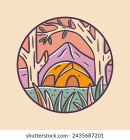 Vector illustration of camping in a forest with a large tree and shady grass visible