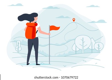 Vector illustration - camping girl. Park, forest, trees, mountains on background. Banner, poster template with place for your text.