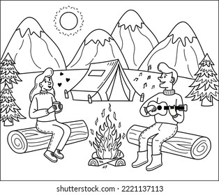 Vector illustration of camping.  Graphic black and white mountain landscape with a tent and a campfire. Campfire camp. A man and a woman are warming themselves by the fireplace and playing the guitar.