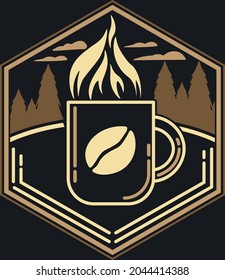 Vector illustration camping. Hand drawn elements- tent, campfire, mountain, eagle, coffee and trees.