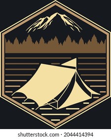 Vector illustration camping. Hand drawn elements- tent, campfire, mountain, eagle, coffee and trees.