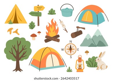 Vector illustration of camping and hiking elements including tents, campfire, trees, compass, lantern, mountains, and forest animals. Perfect for outdoor, travel, and adventure themes