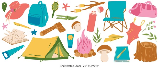 Vector illustration of camping and hiking elements including tent, campfire, backpack, thermos, book, mushrooms and plants. Perfect for outdoor, travel and adventure themes in retro doodle style.